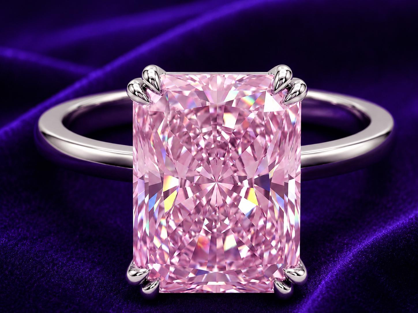 7 CT Radiant Pink Moissanite Engagement Ring, 14K White Gold Solitaire (Double Claw)