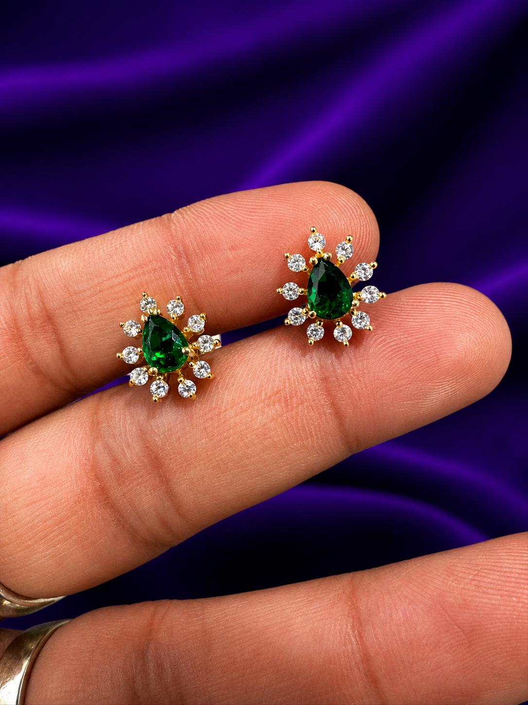14K Yellow Gold Lab Emerald Earrings | Pear Cut Moissanite Halo Studs