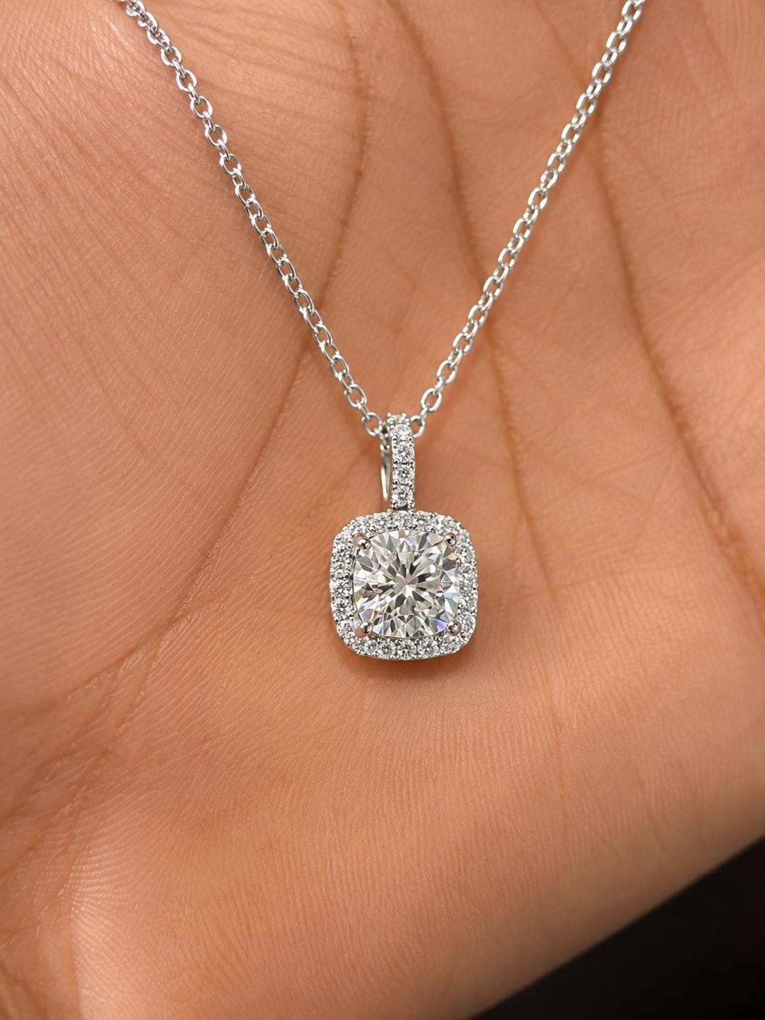 Cushion Cut Moissanite Halo Pendant Necklace | 925 Sterling Silver, Gift for her