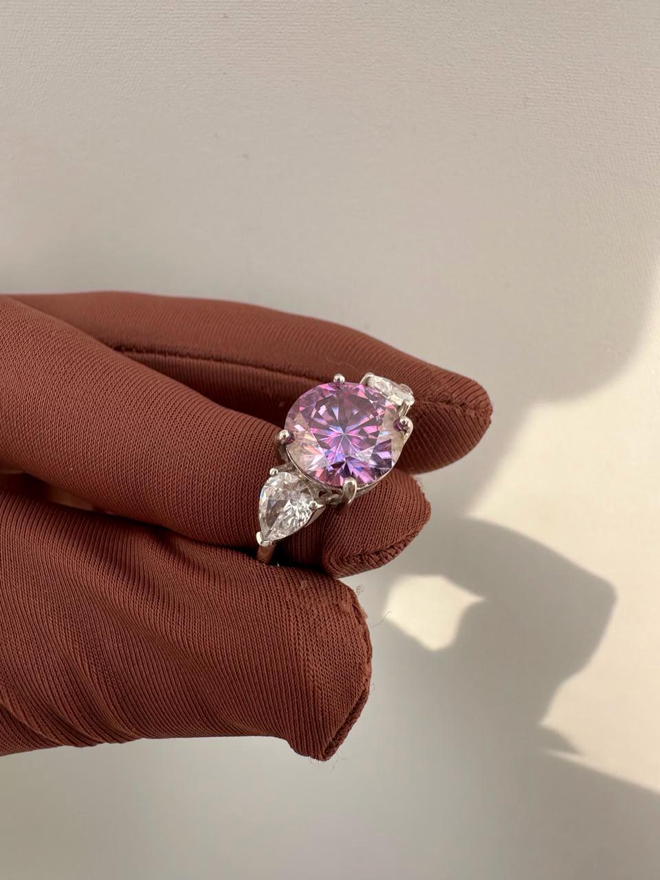 5 CT Round Lavender Moissanite Engagement Ring, 14K White Gold Three Stone Ring