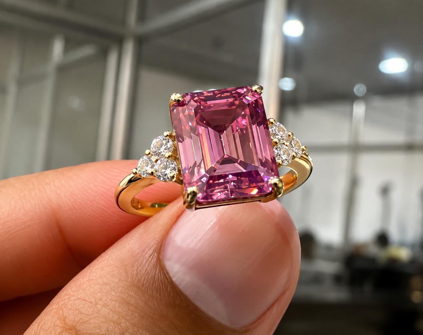Royal Pink Gemstone Engagement Ring, 3 Ct Moissanite Ring, 14K Yellow Gold, Gift for Her