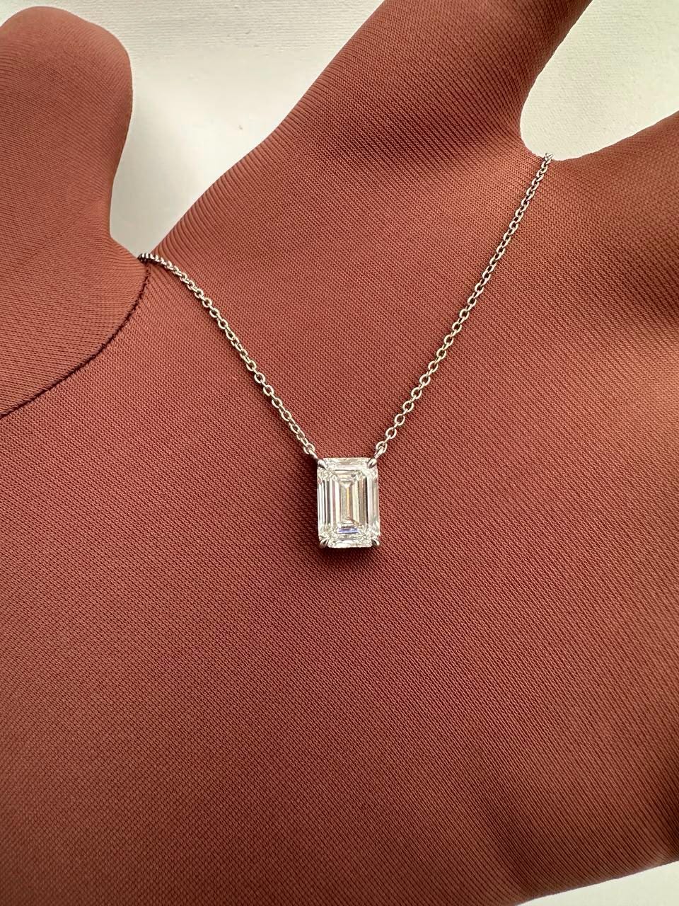 IGI Certified Emerald Cut Lab Diamond Solitaire Pendant, 2.55 Carat, 14K White Gold Necklace