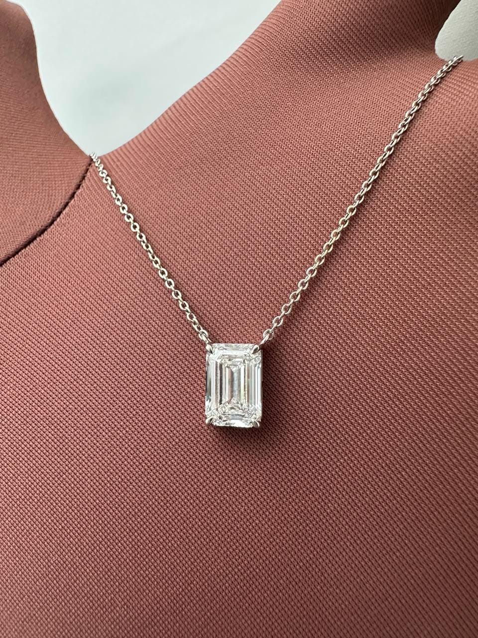 IGI Certified Emerald Cut Lab Diamond Solitaire Pendant, 2.55 Carat, 14K White Gold Necklace
