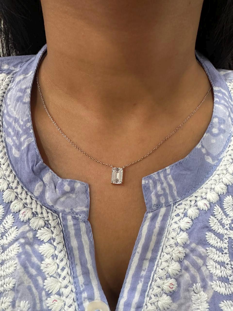 IGI Certified Emerald Cut Lab Diamond Solitaire Pendant, 2.55 Carat, 14K White Gold Necklace