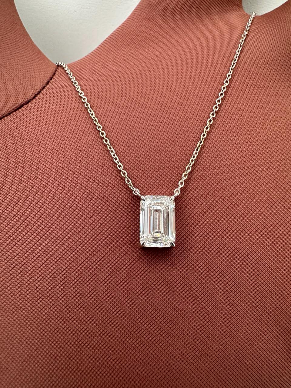 IGI Certified Emerald Cut Lab Diamond Solitaire Pendant, 2.55 Carat, 14K White Gold Necklace