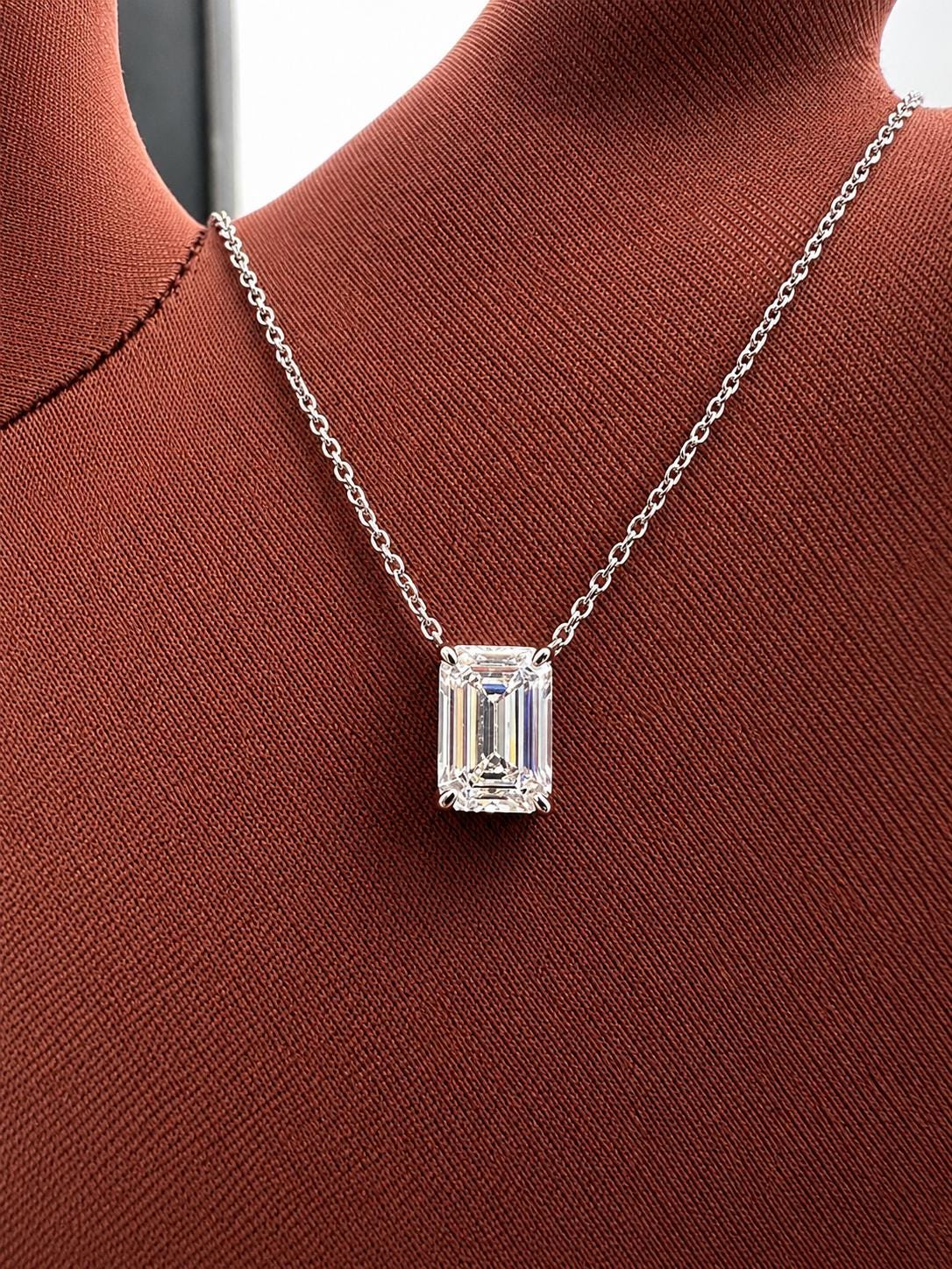 IGI Certified Emerald Cut Lab Diamond Solitaire Pendant, 2.55 Carat, 14K White Gold Necklace