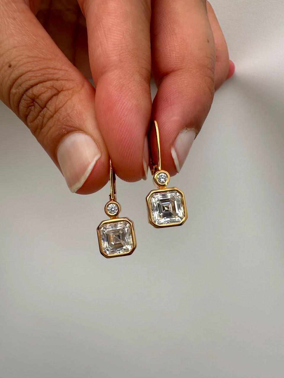 14K Gold Asscher Cut Moissanite Drop Earrings, Bezel Set Wedding Jewelry