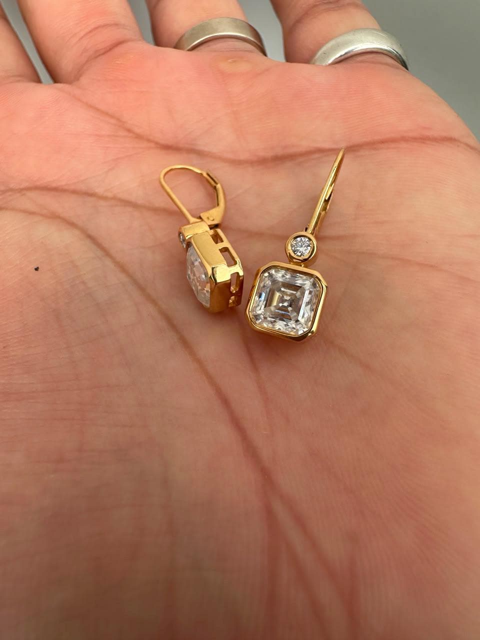 14K Gold Asscher Cut Moissanite Drop Earrings, Bezel Set Wedding Jewelry
