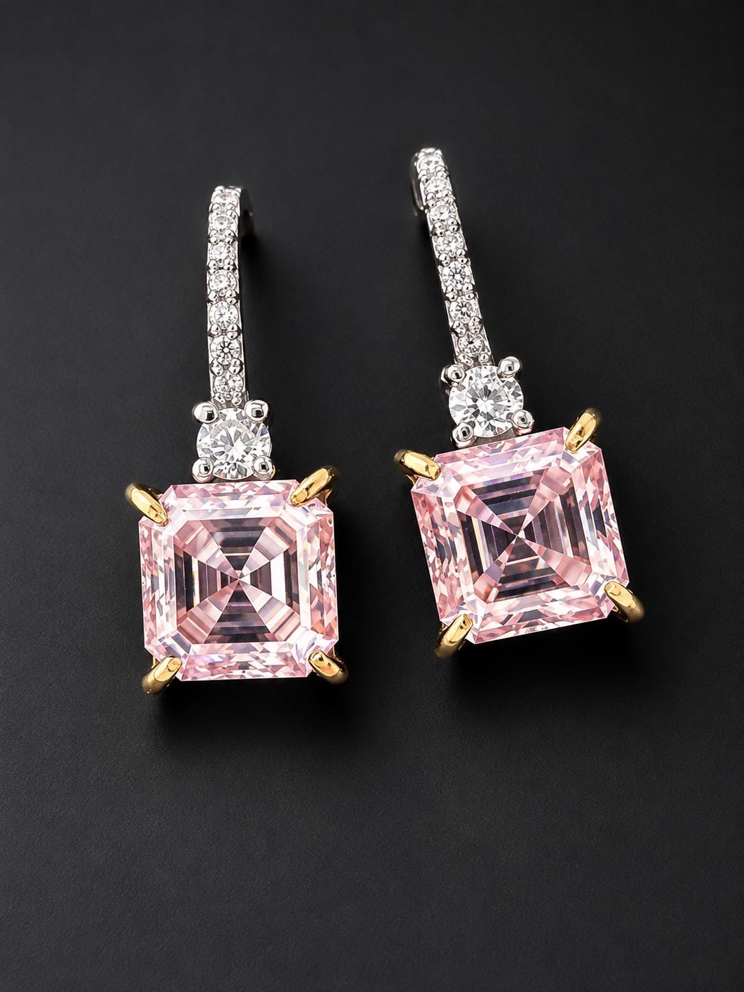 5 Ct Pink Asscher Cut Moissanite Drop Earrings, 14K White Gold, Anniversary Gift