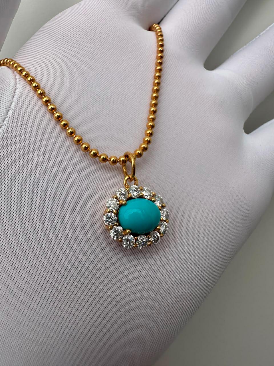 14K Gold Turquoise Pendant, Moissanite Halo Necklace, Christmas Gift for Her