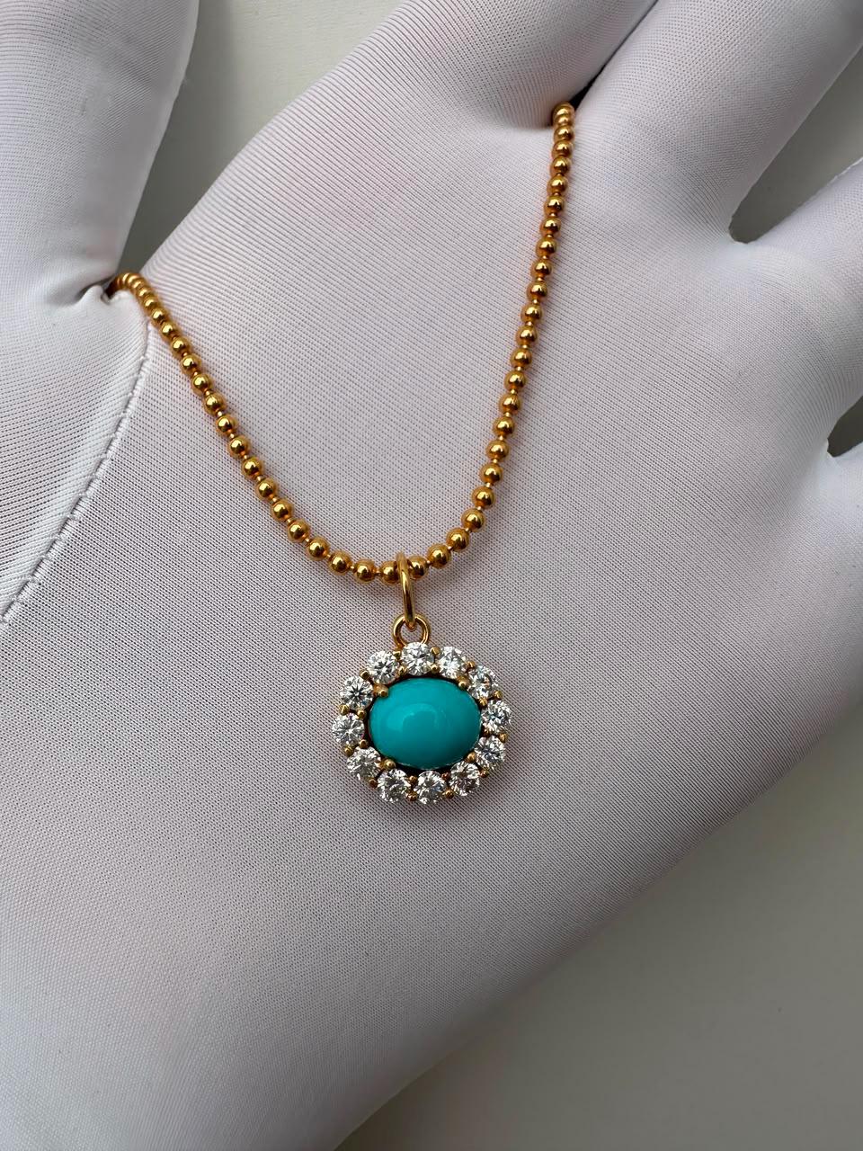 14K Gold Sleeping Beauty Turquoise Pendant, Moissanite Halo Necklace, Fine Jewelry Gift for Her