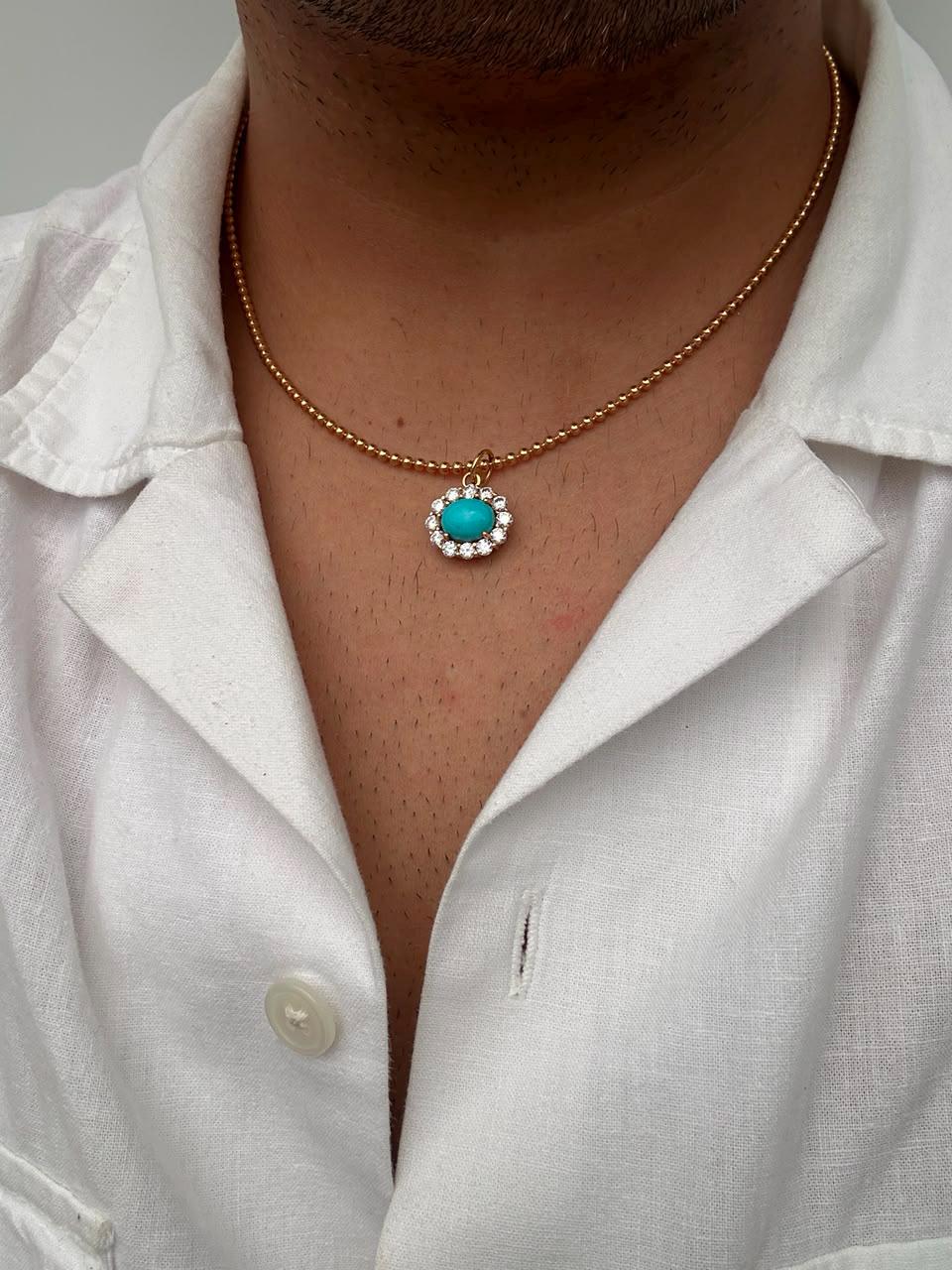 14K Gold Turquoise Pendant, Moissanite Halo Necklace, Christmas Gift for Her