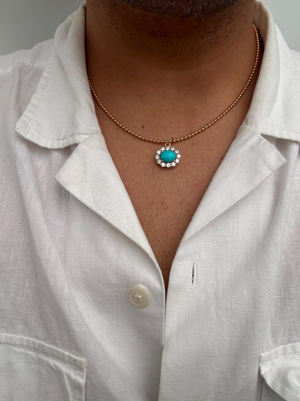 14K Gold Sleeping Beauty Turquoise Pendant, Moissanite Halo Necklace, Fine Jewelry Gift for Her