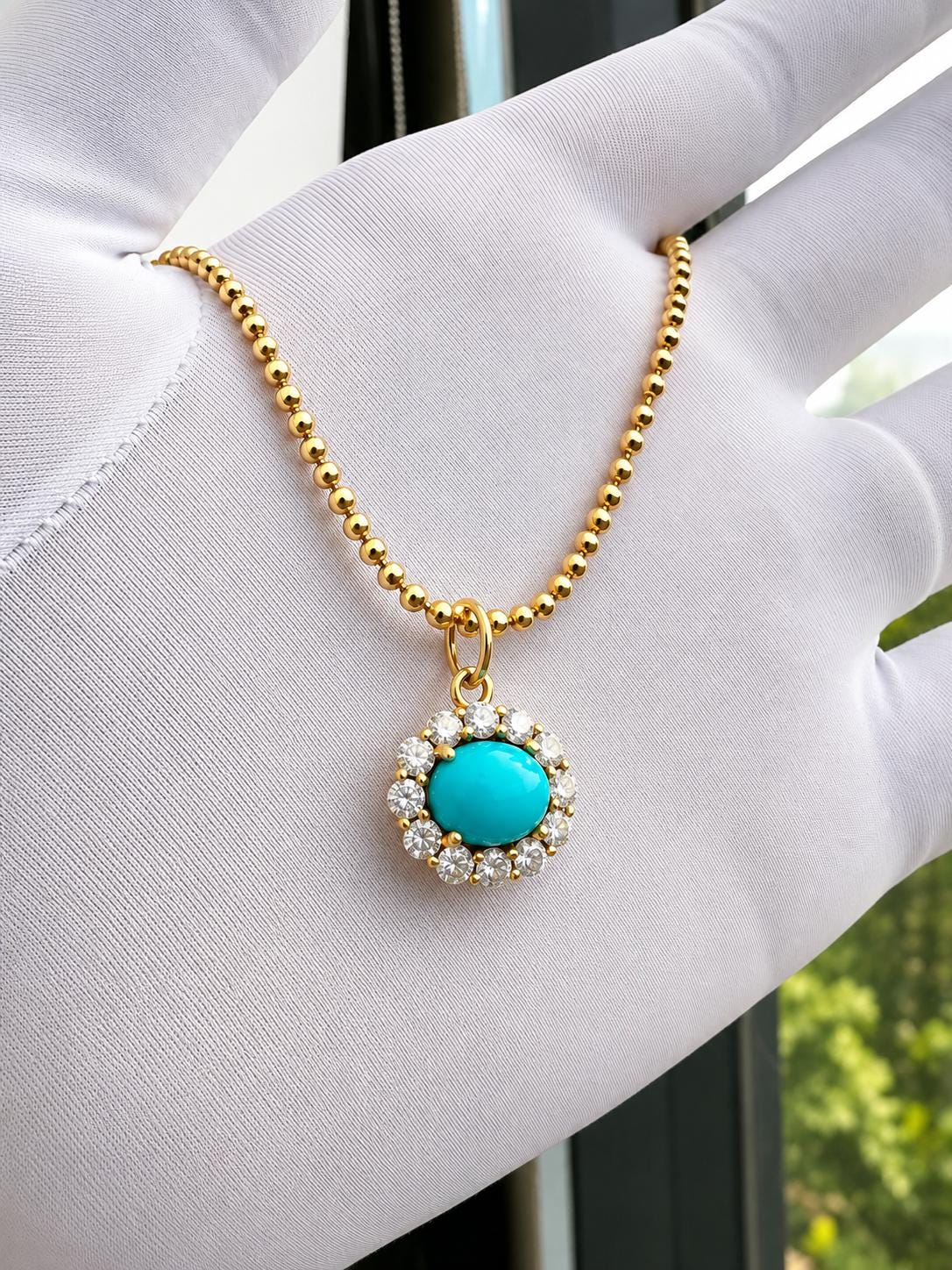 14K Gold Sleeping Beauty Turquoise Pendant, Moissanite Halo Necklace, Fine Jewelry Gift for Her