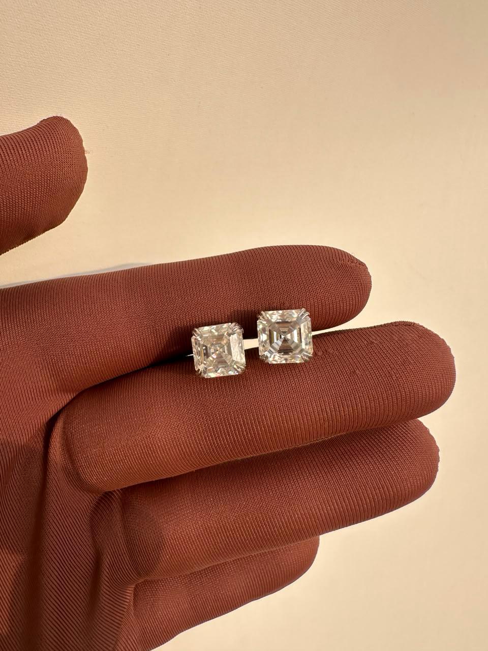 10CT Asscher Cut Moissanite Stud Earrings | 14K White Gold, Screw Back, Men's diamond studs