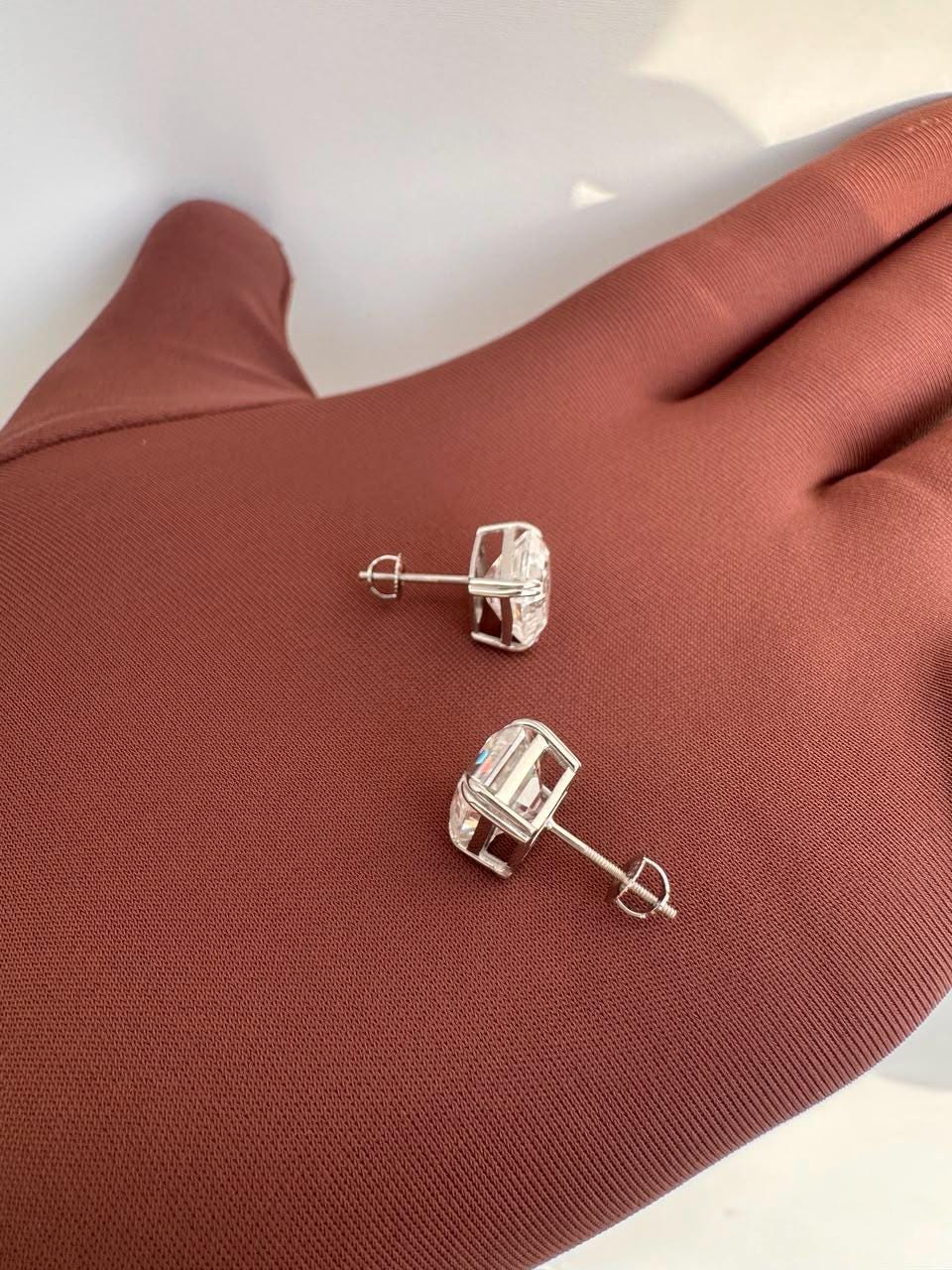 10CT Asscher Cut Moissanite Stud Earrings | 14K White Gold, Screw Back, Men's diamond studs
