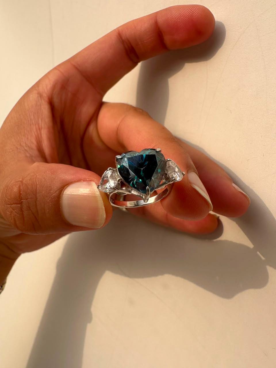 7 CT Alexandrite Heart Moissanite Engagement Ring, 14K White Gold Three stone Ring