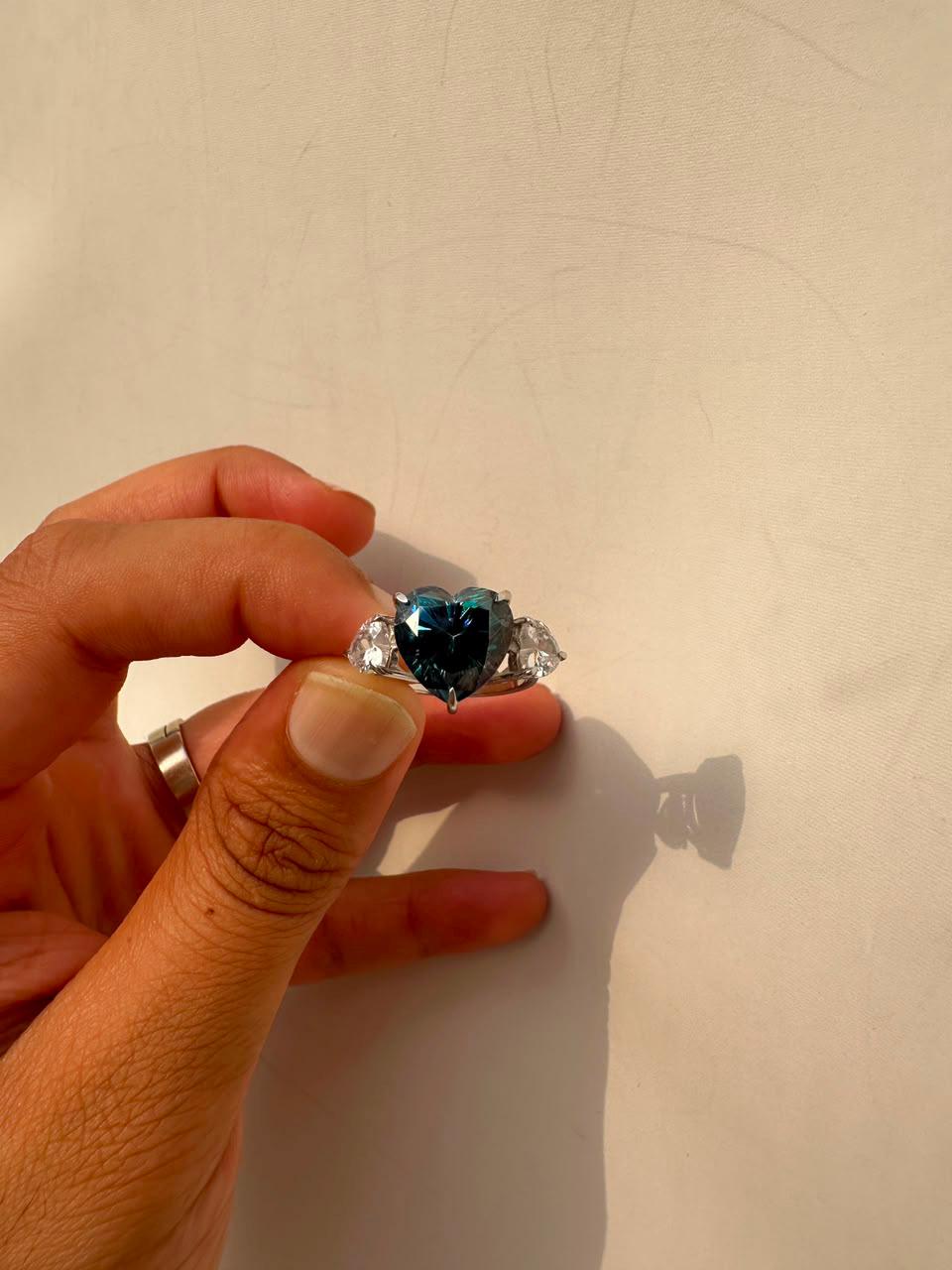 7 CT Alexandrite Heart Moissanite Engagement Ring, 14K White Gold Three stone Ring