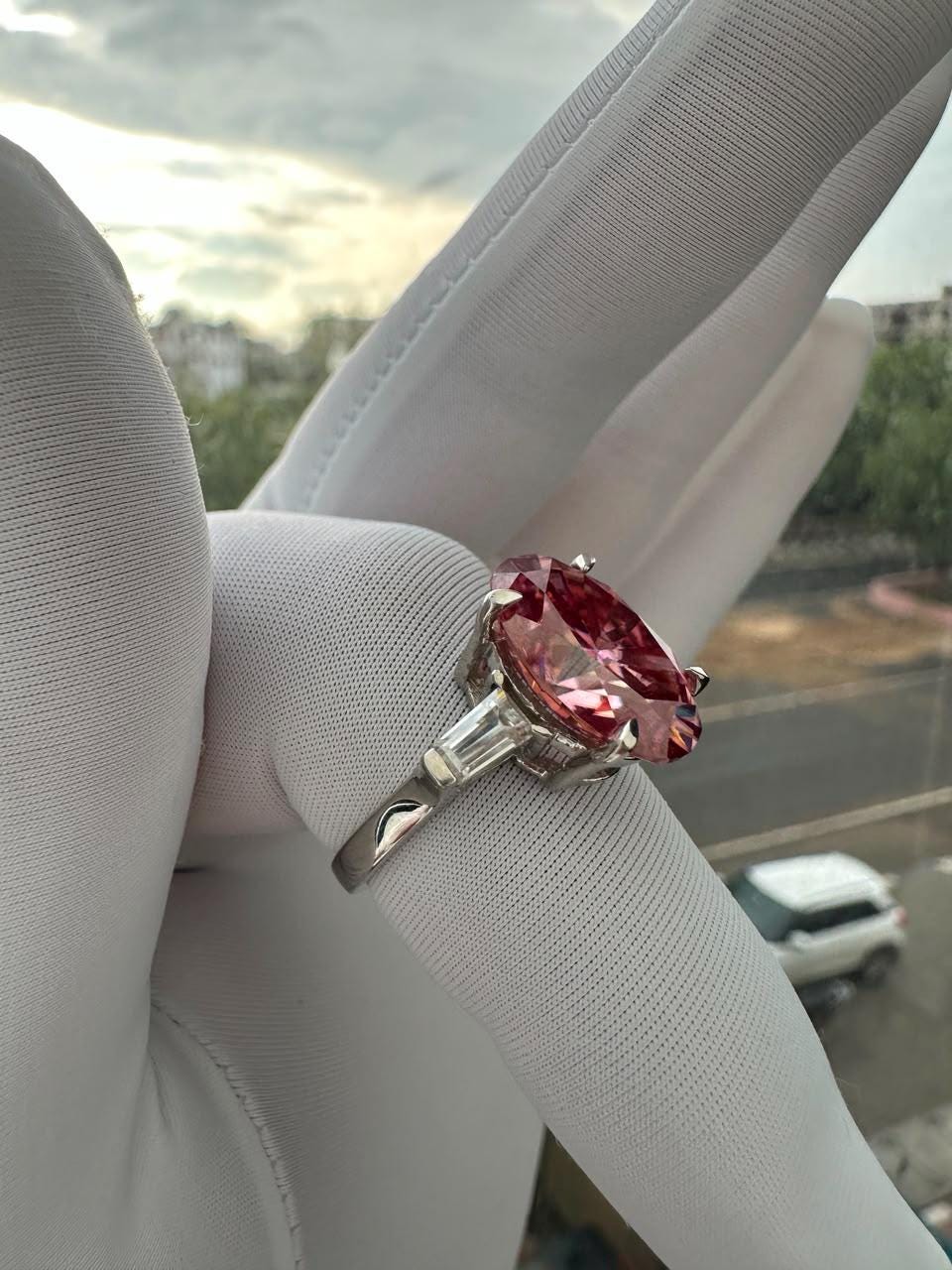 6 Ct Pink Oval Moissanite Engagement Ring, 14K White Gold, Statement Bridal Ring