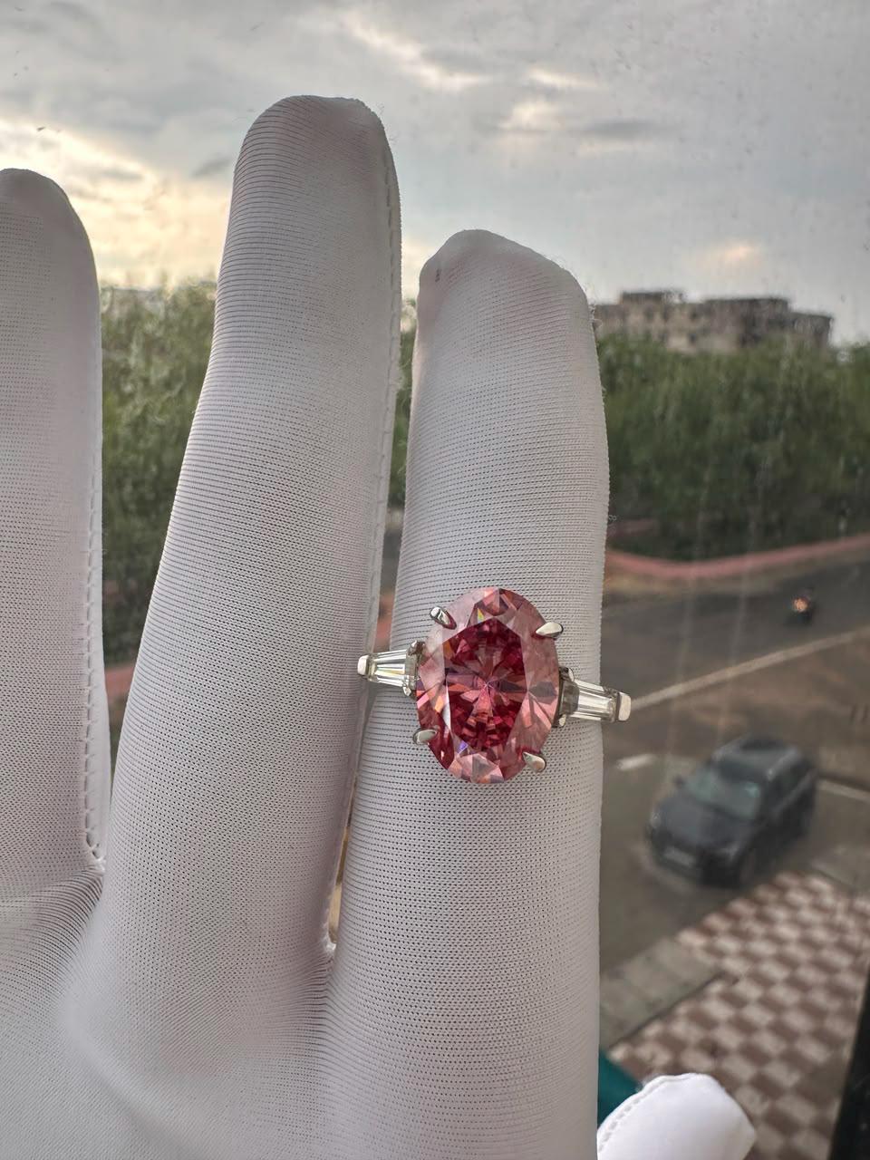 6 Ct Pink Oval Moissanite Engagement Ring, 14K White Gold, Statement Bridal Ring