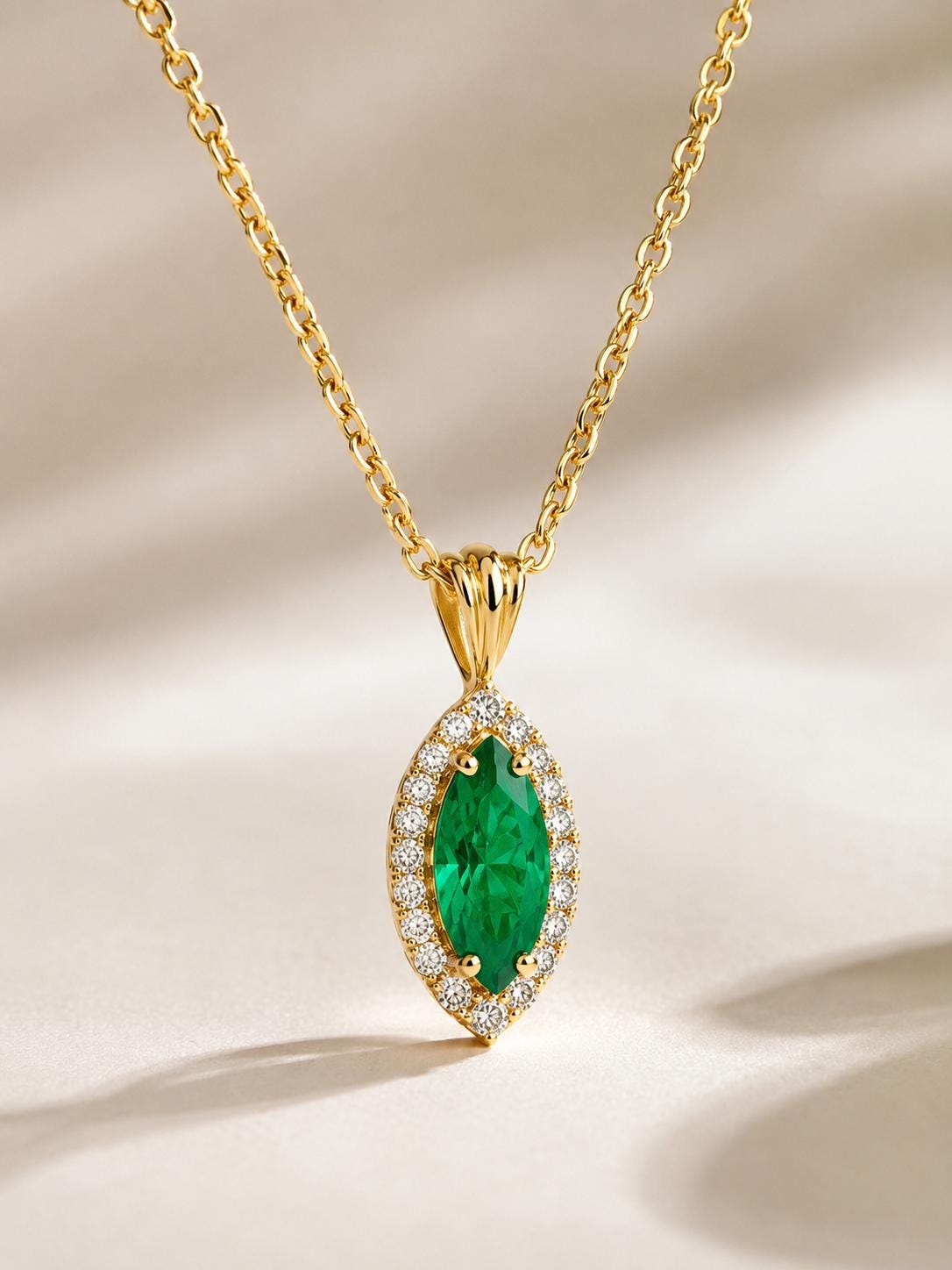 14K Gold Marquise Emerald Halo Pendant, 1.5 Ct Green Gemstone Necklace