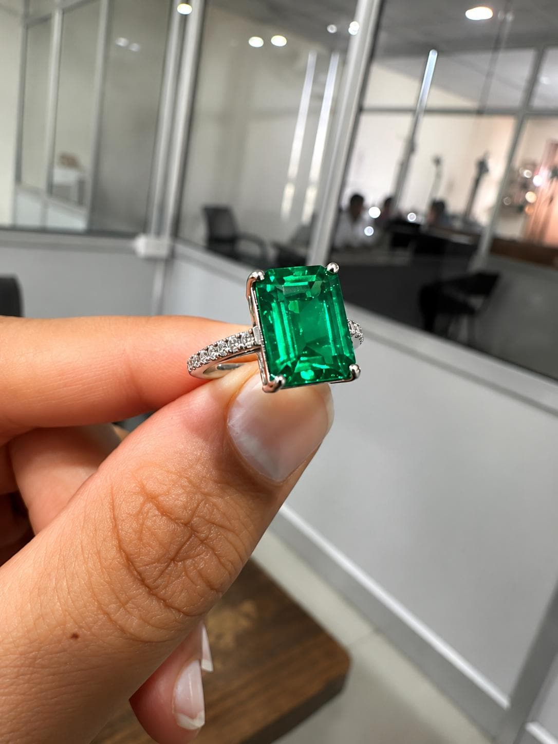 7 CT Lab Grown Colombian Emerald Engagement Ring, 14K White Gold Emerald Cut Gemstone