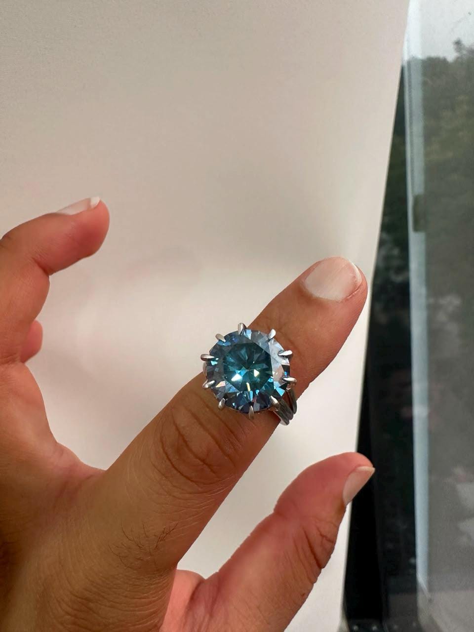 10 CT Blue Moissanite Statement Ring, 14K White Gold Split Shank, Modern Women's Ring