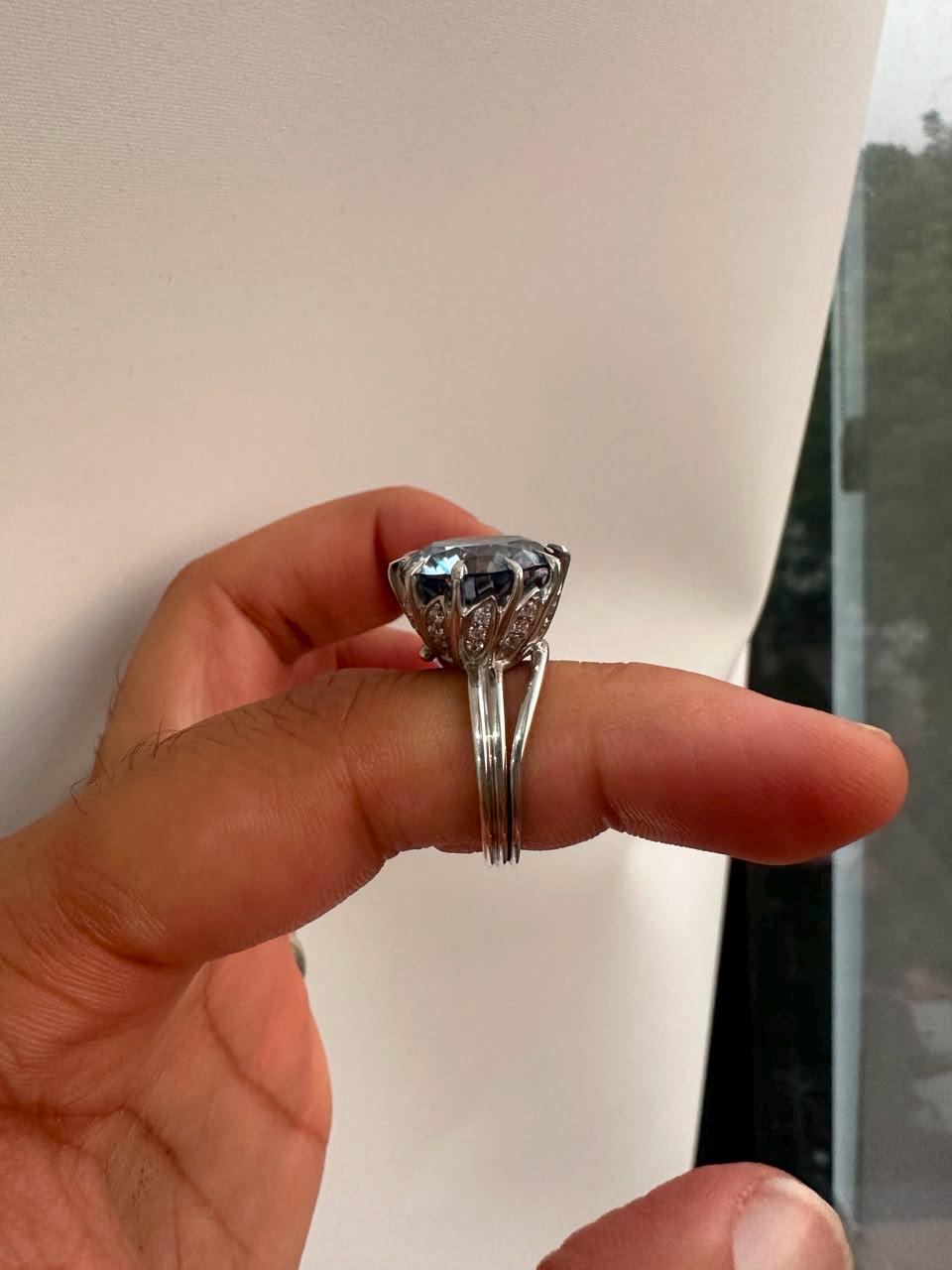 10 CT Blue Moissanite Statement Ring, 14K White Gold Split Shank, Modern Women's Ring