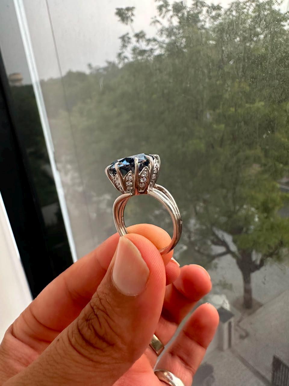 10 CT Blue Moissanite Statement Ring, 14K White Gold Split Shank, Modern Women's Ring