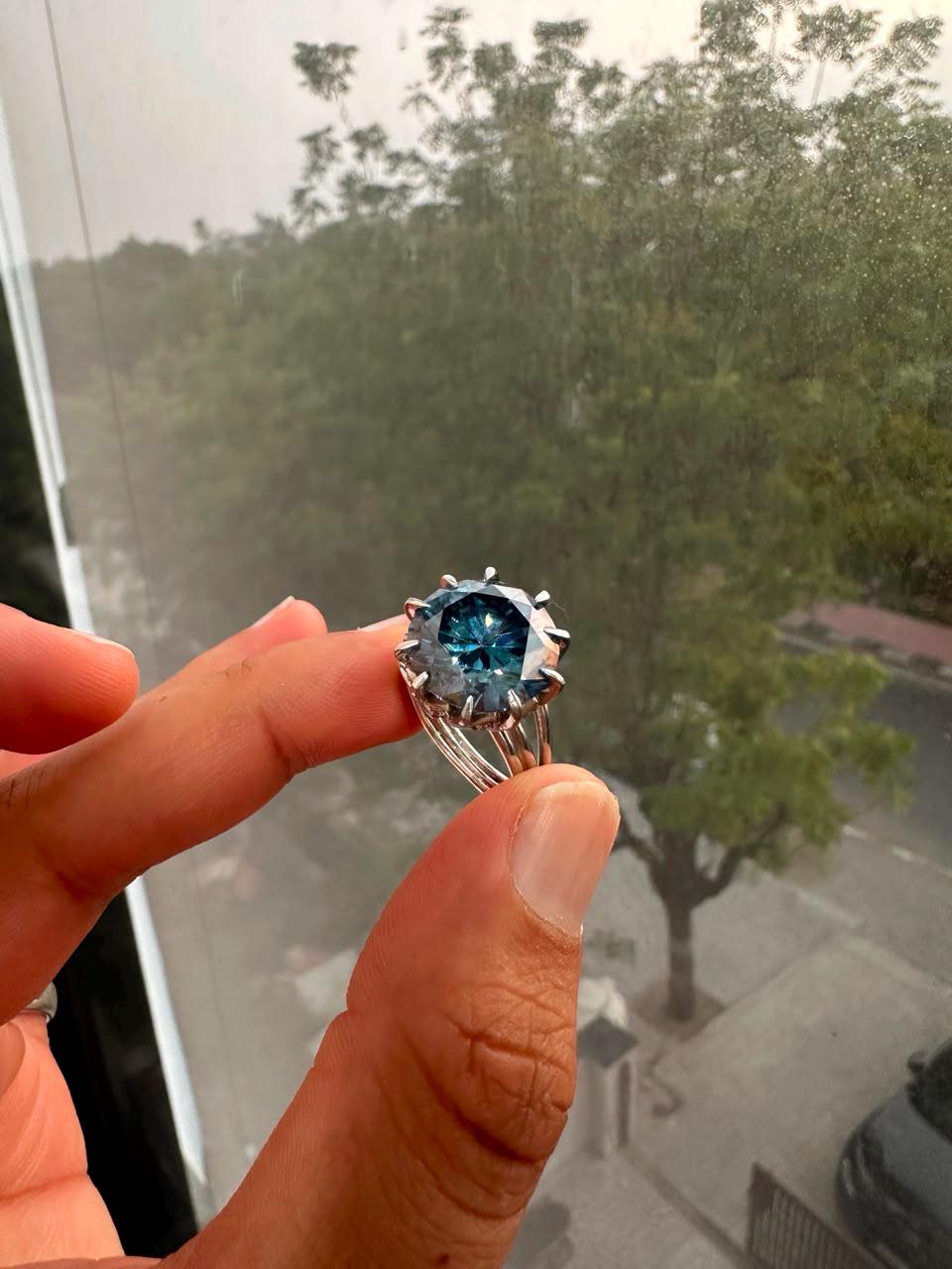 10 CT Blue Moissanite Statement Ring, 14K White Gold Split Shank, Modern Women's Ring