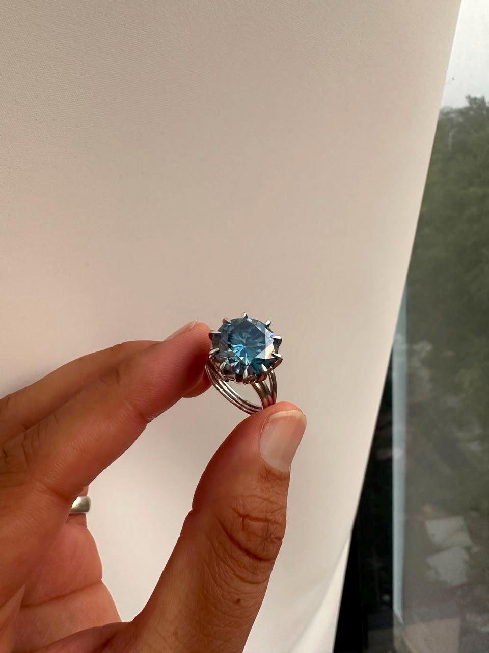 10 CT Blue Moissanite Statement Ring, 14K White Gold Split Shank, Modern Women's Ring