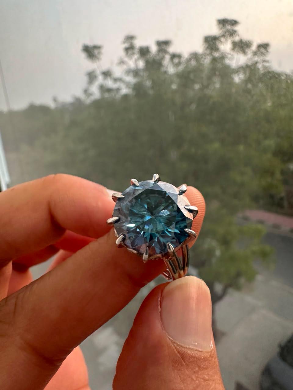 10 CT Blue Moissanite Statement Ring, 14K White Gold Split Shank, Modern Women's Ring