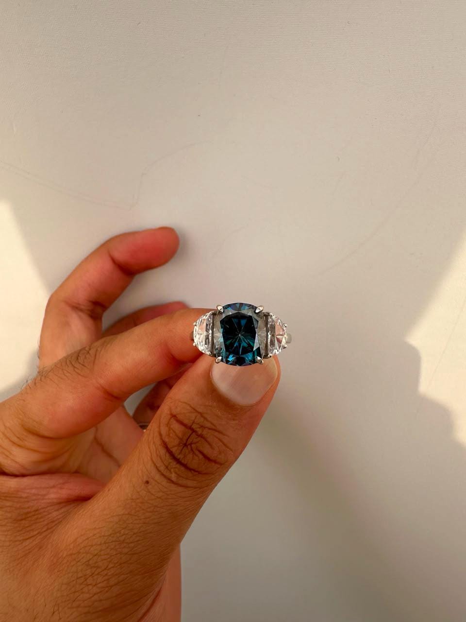 7 CT Blue Cushion Moissanite Engagement Ring, 14K White Gold Three Stone Ring