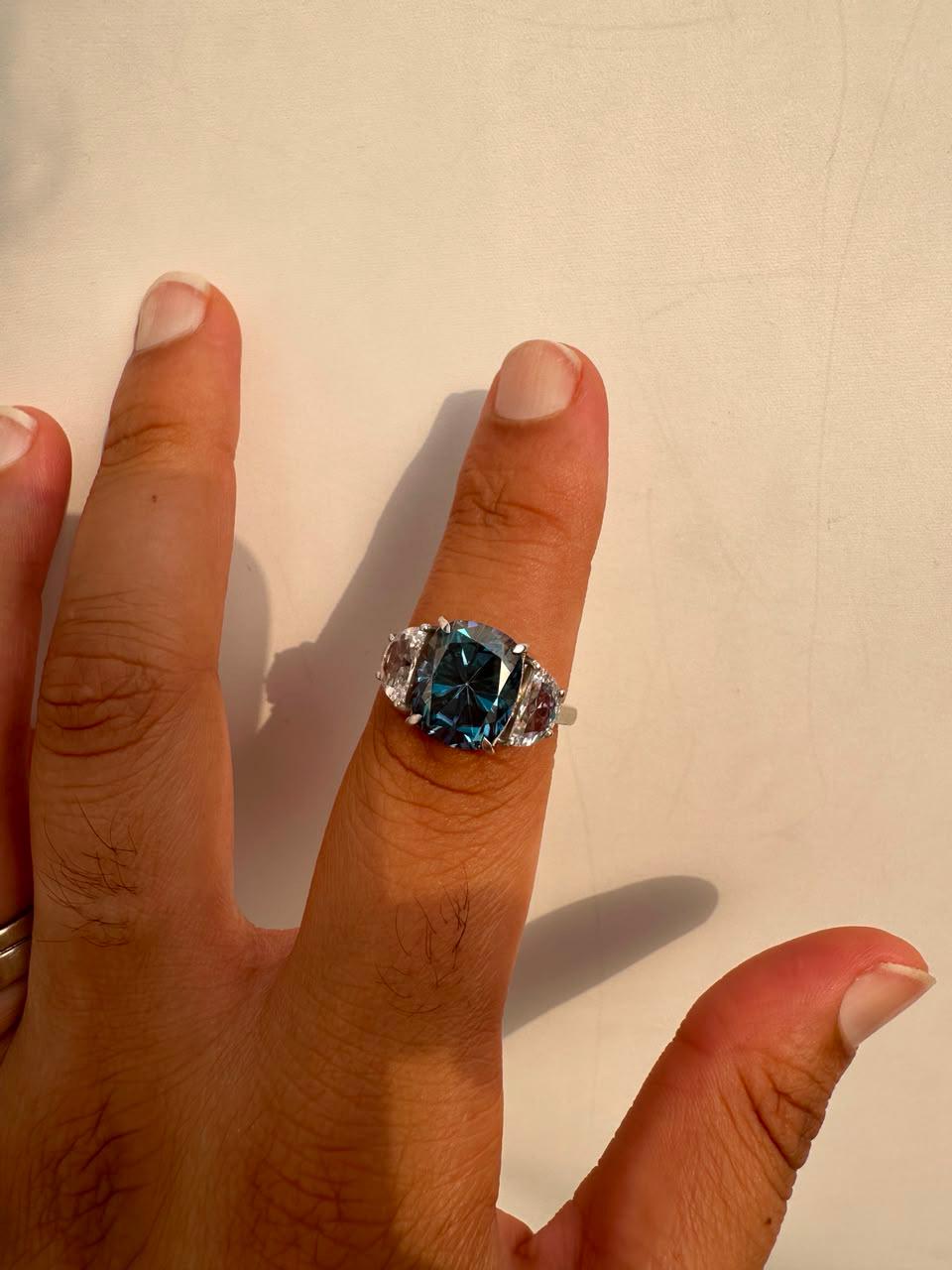 7 CT Blue Cushion Moissanite Engagement Ring, 14K White Gold Three Stone Ring