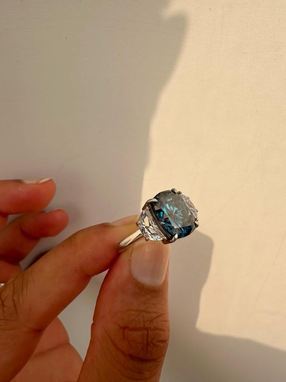 7 CT Blue Cushion Moissanite Engagement Ring, 14K White Gold Three Stone Ring