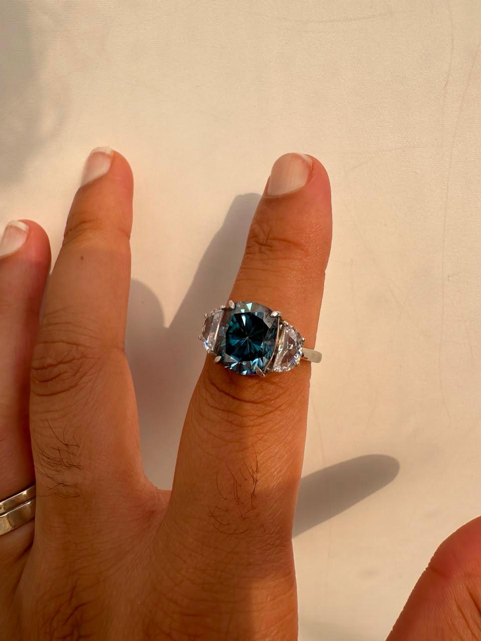 7 CT Blue Cushion Moissanite Engagement Ring, 14K White Gold Three Stone Ring