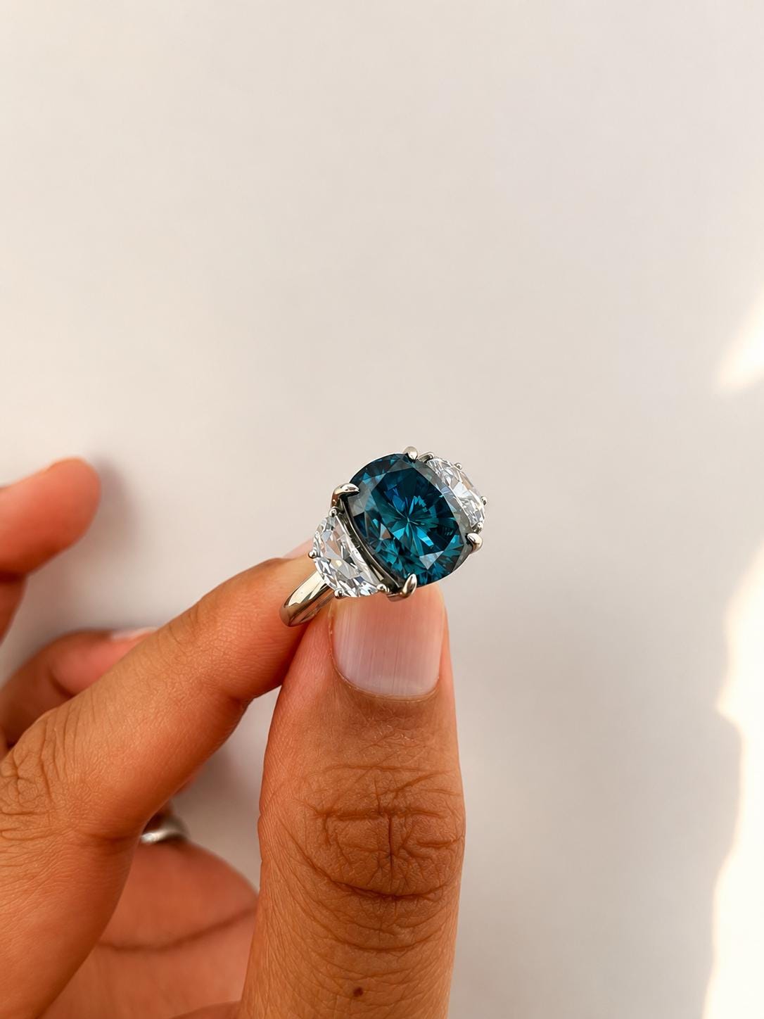 7 CT Blue Cushion Moissanite Engagement Ring, 14K White Gold Three Stone Ring
