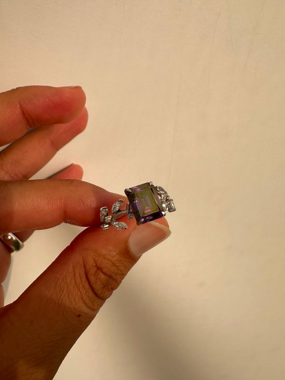 3 CT Royal Purple Emerald Cut Moissanite Ring, 14K White Gold Leaf Band