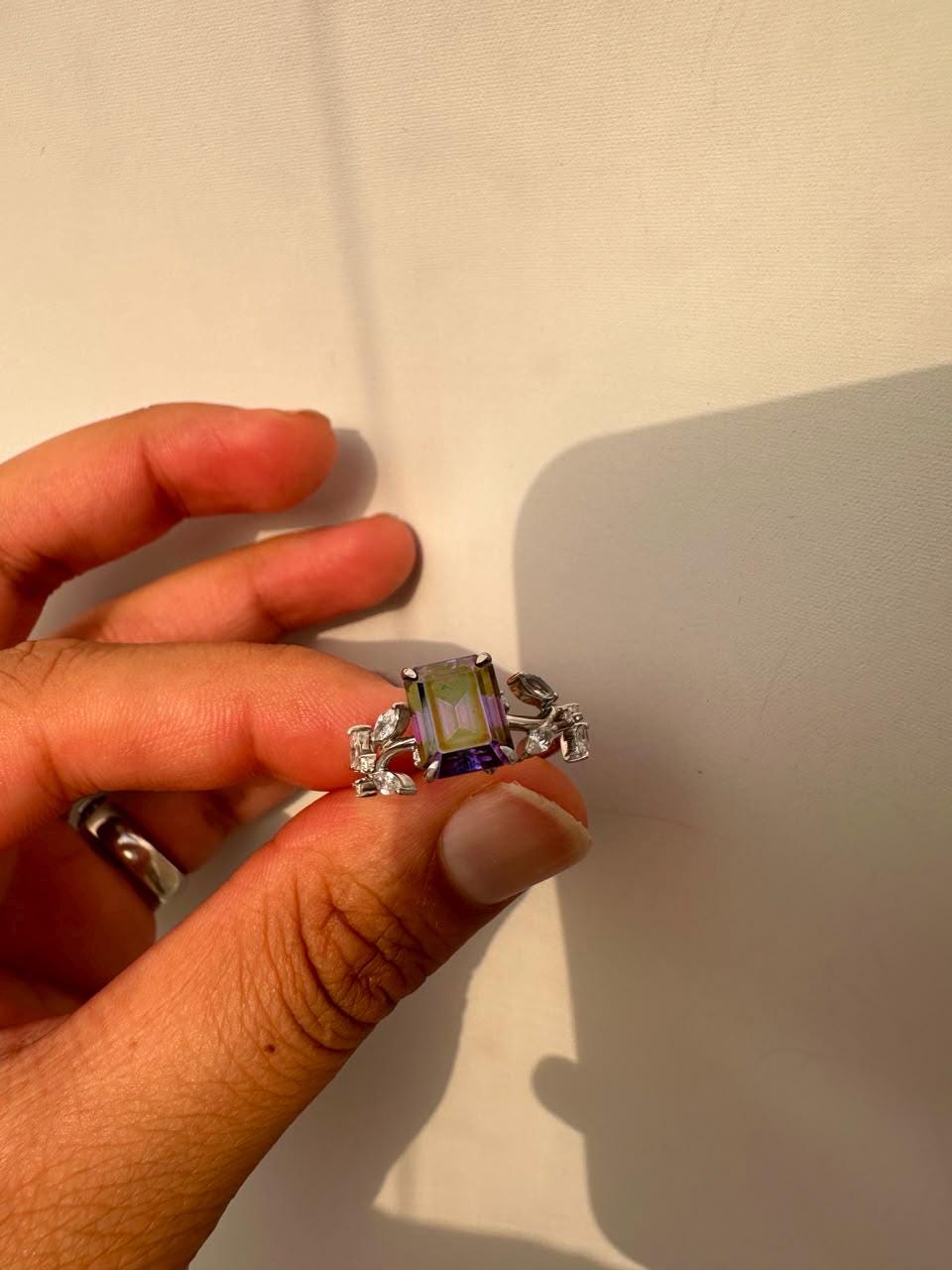 3 CT Royal Purple Emerald Cut Moissanite Ring, 14K White Gold Leaf Band