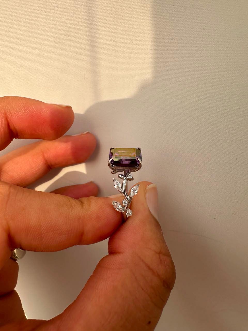 3 CT Royal Purple Emerald Cut Moissanite Ring, 14K White Gold Leaf Band