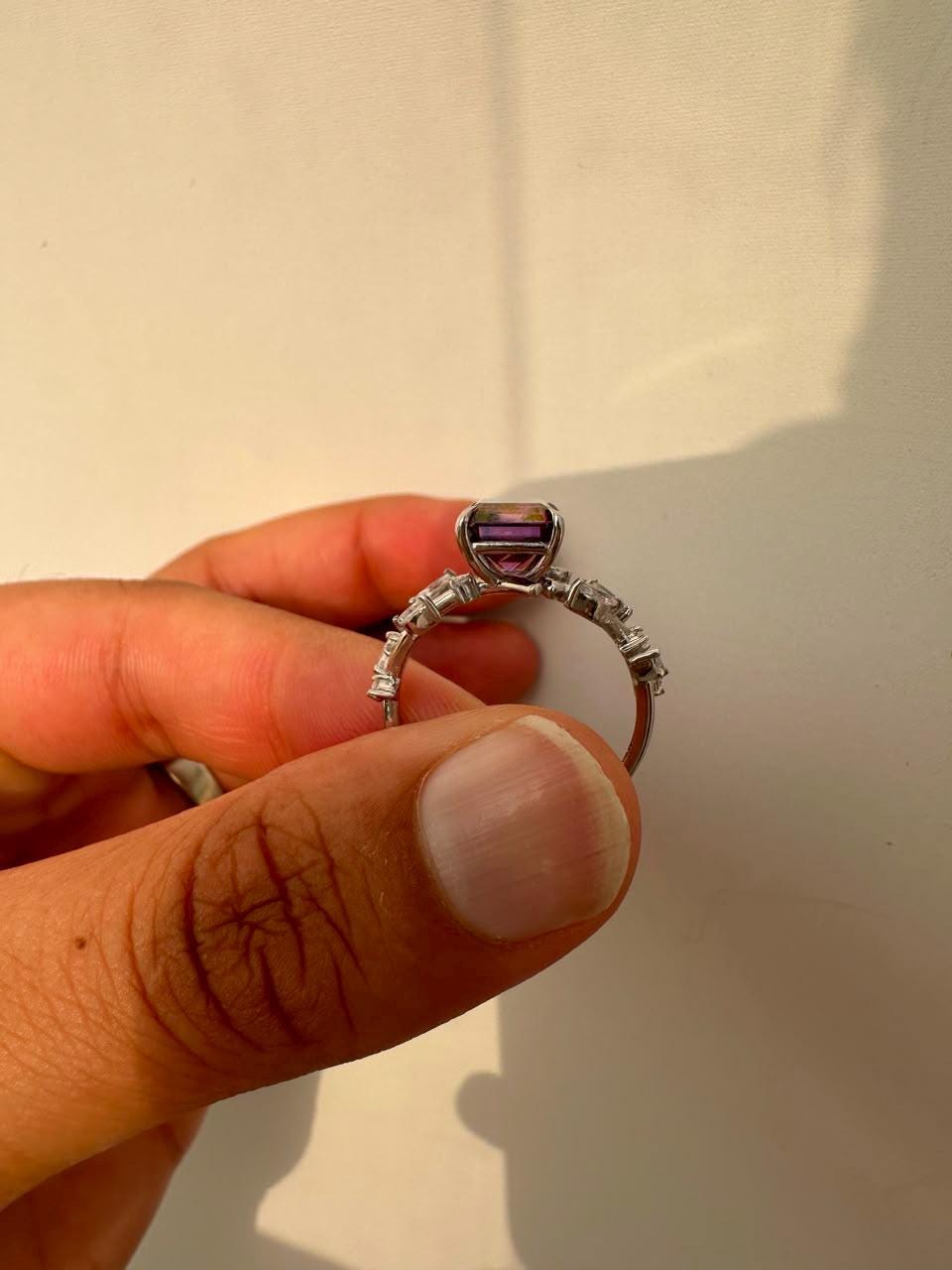 3 CT Royal Purple Emerald Cut Moissanite Ring, 14K White Gold Leaf Band