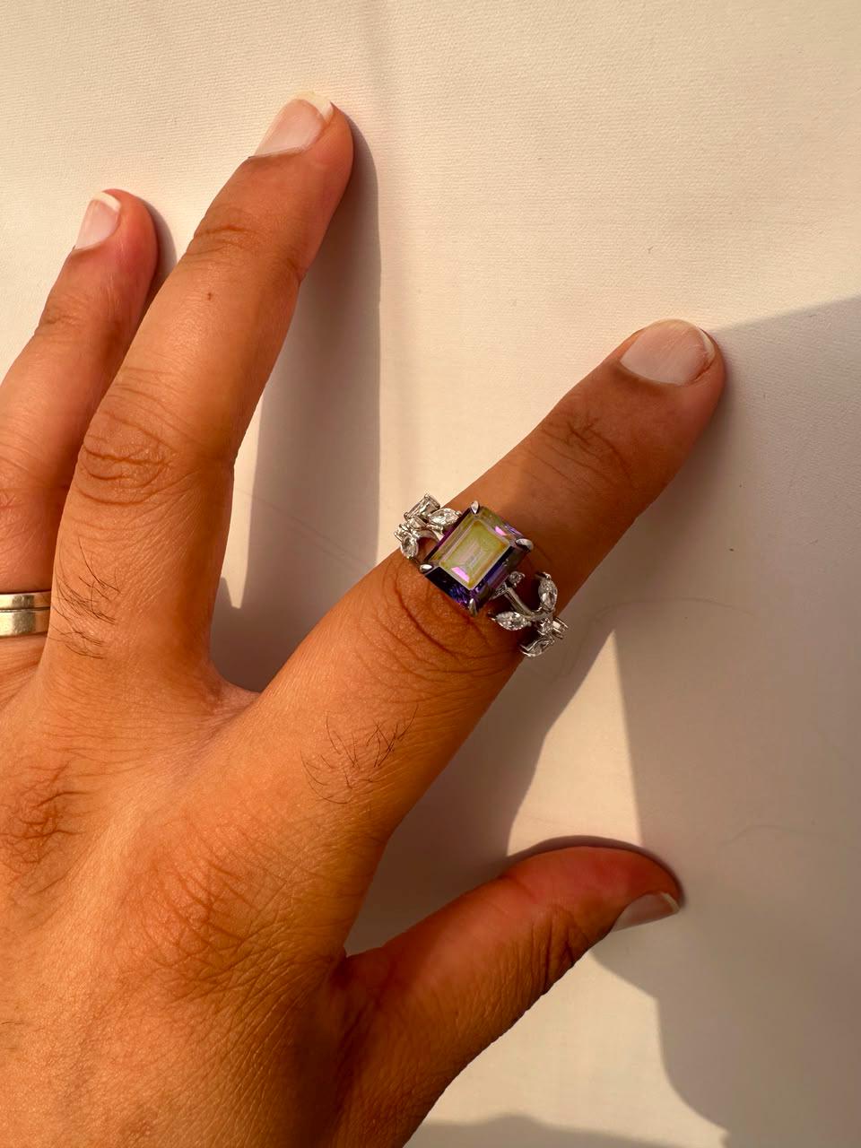 3 CT Royal Purple Emerald Cut Moissanite Ring, 14K White Gold Leaf Band