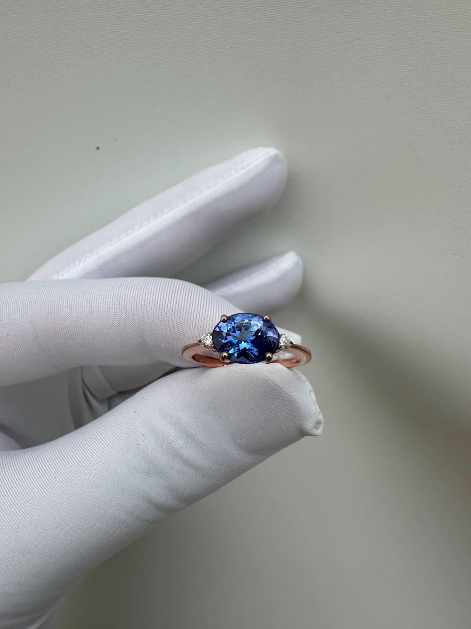 14K Rose Gold Oval Tanzanite Ring – Elegant Solitaire Engagement Ring, Diamond Accents