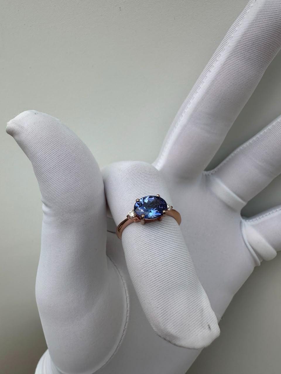 14K Rose Gold Oval Tanzanite Ring – Elegant Solitaire Engagement Ring, Diamond Accents