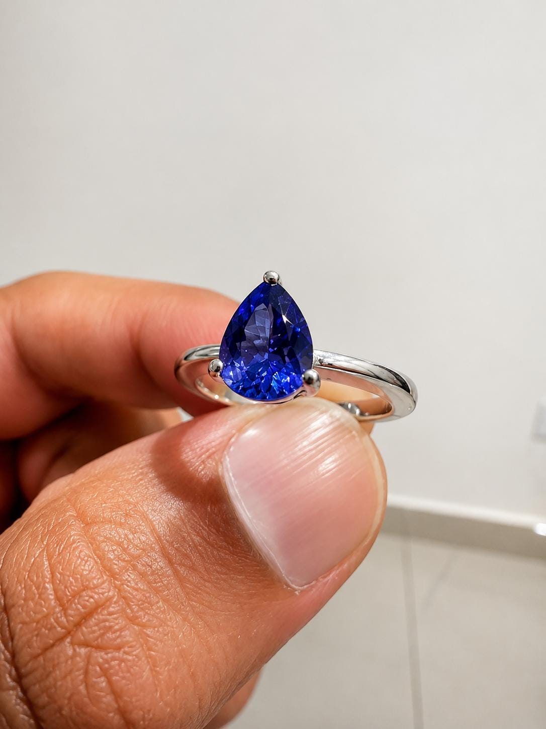 14K White Gold Pear Tanzanite Solitaire Ring, 1.5 Ct Natural Gemstone Engagement Ring