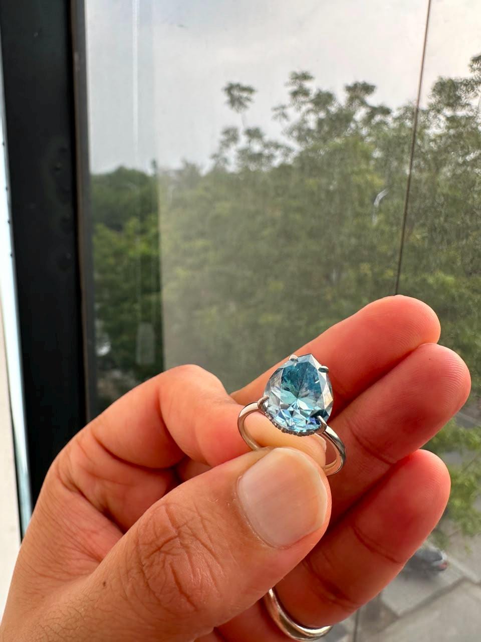 Pear cut Blue Moissanite Hidden Halo Engagement Ring | 14K White Gold, 7 Ct