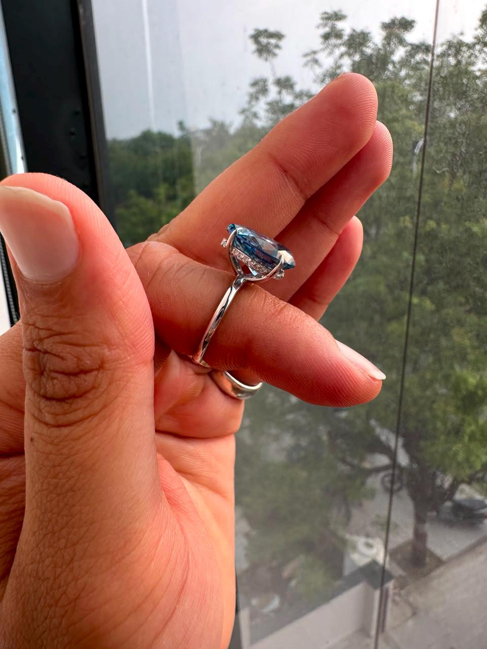 Pear cut Blue Moissanite Hidden Halo Engagement Ring | 14K White Gold, 7 Ct