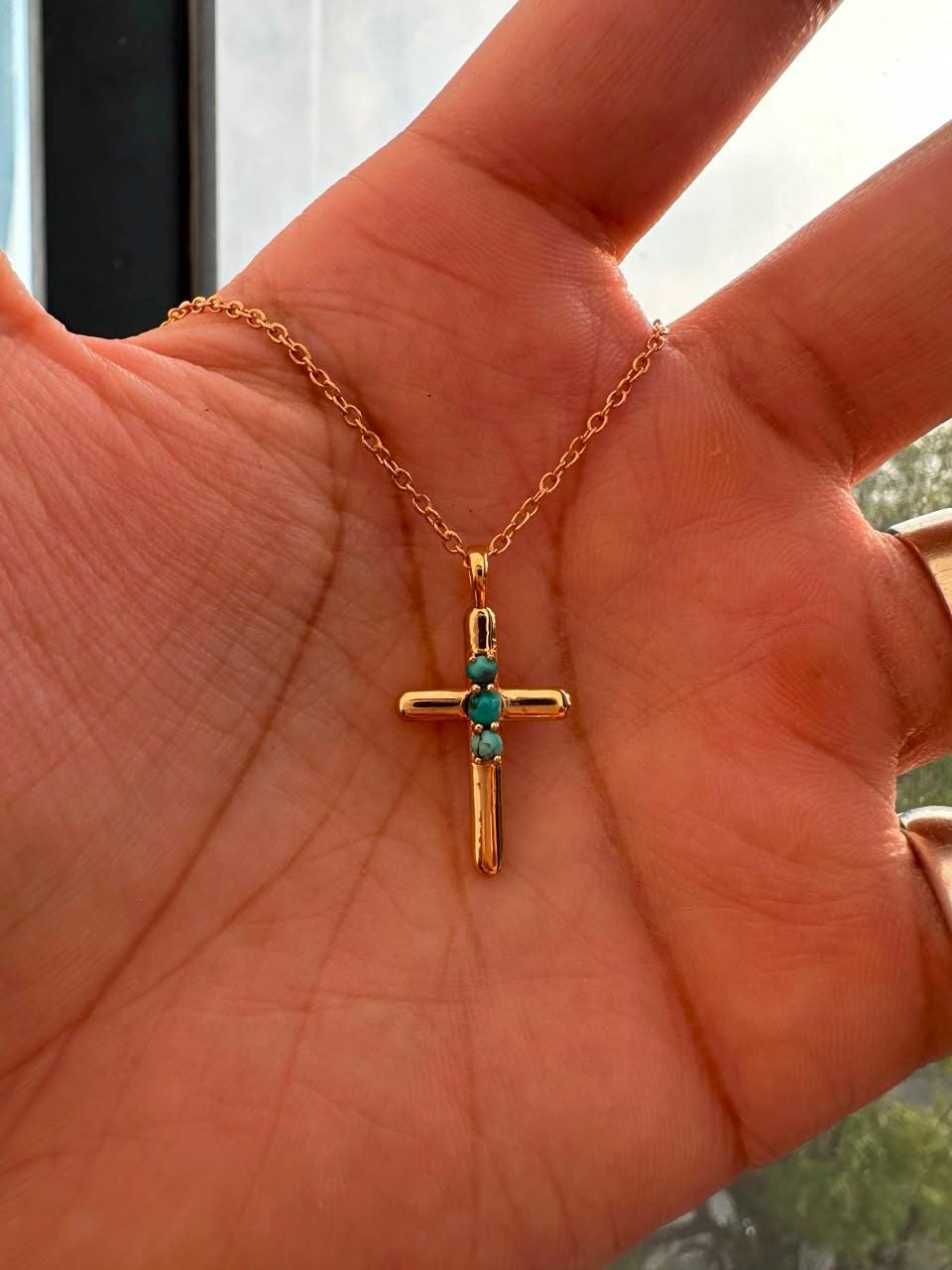 Turquoise Cross Pendant | 14K Yellow Gold Necklace | Jewelry Gift for Her or Him