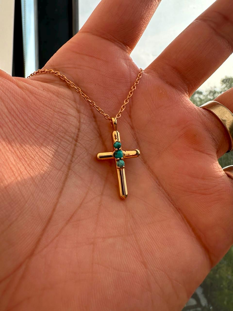 Turquoise Cross Pendant | 14K Yellow Gold Necklace | Jewelry Gift for Her or Him