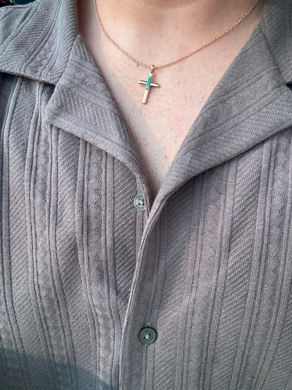 Turquoise Cross Pendant | 14K Yellow Gold Necklace | Jewelry Gift for Her or Him